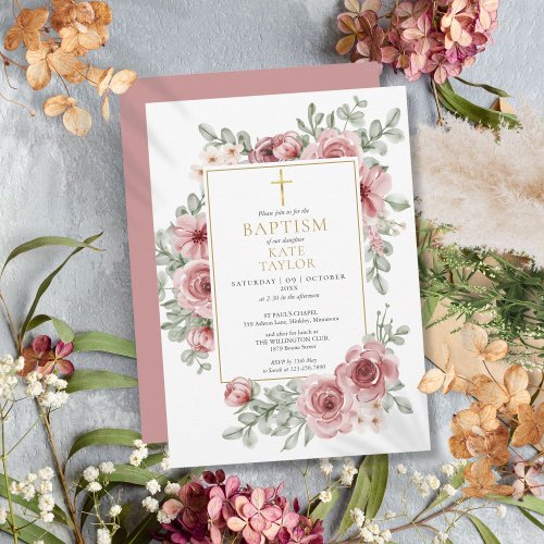 Dusty Rose Floral Gold Baptism Christening Invitation