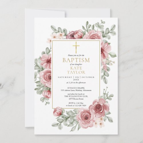 Dusty Rose Floral Gold Baptism Christening Invitation