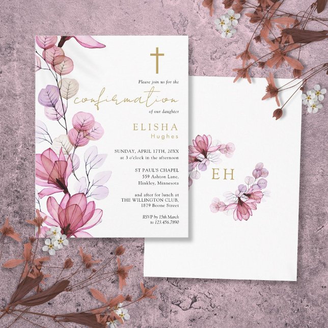 Dusty Rose Floral Gold Confirmation Invitation Postcard (Dusty Rose Floral Gold Confirmation Invitation Postcard)