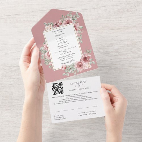 Dusty Rose Floral Gold Geometric QR Code Wedding All In One Invitation