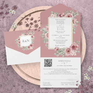 Dusty Rose Floral Gold Geometric QR Code Wedding All In One Invitation