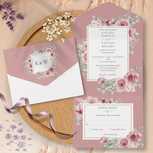 Dusty Rose Floral Gold Geometric Wedding All In One Invitation