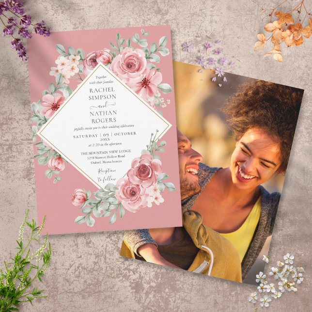 Dusty Rose Floral Gold Geometric Wedding Photo Invitation (Creator Uploaded)