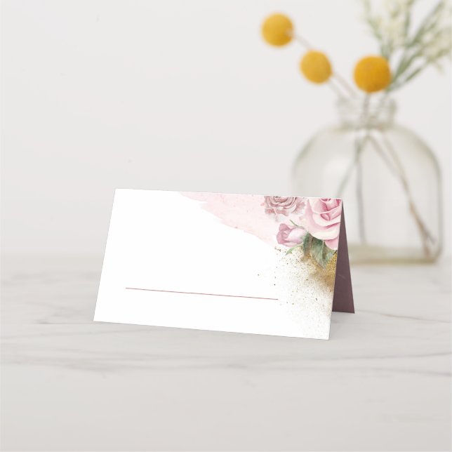 Dusty Rose Floral Gold Glitter Wedding Place Card (Front)