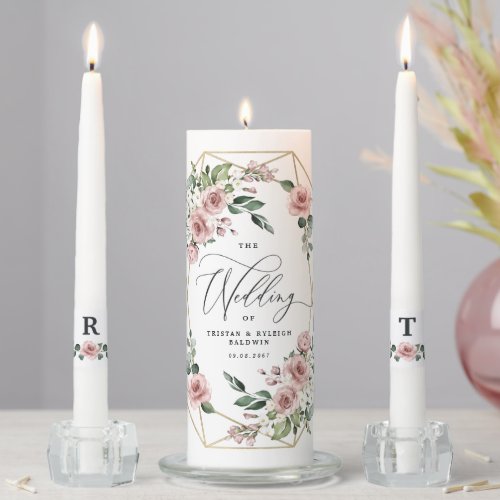 Dusty Rose Floral Gold Greenery Wedding Ceremony Unity Candle Set