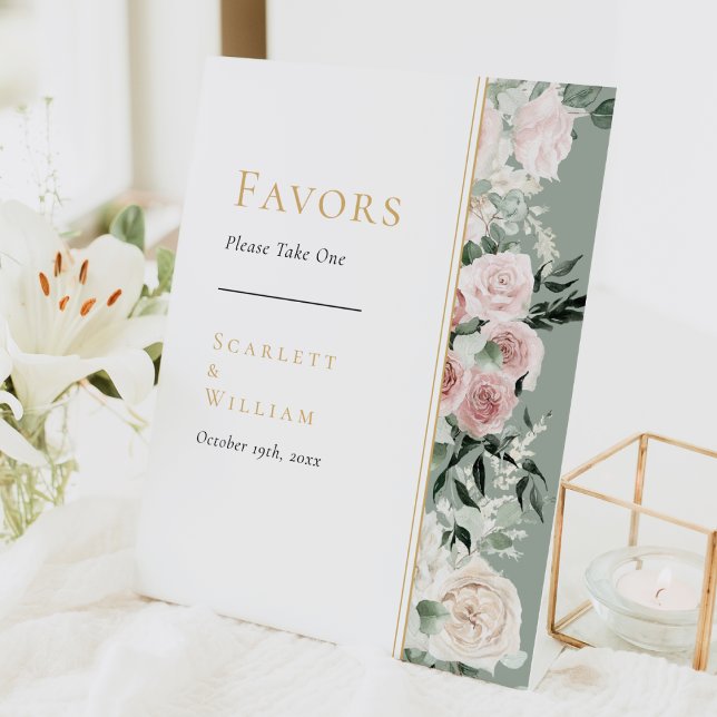 Dusty Rose Floral Gold Sage Green Wedding Favors Pedestal Sign (Creator Uploaded)