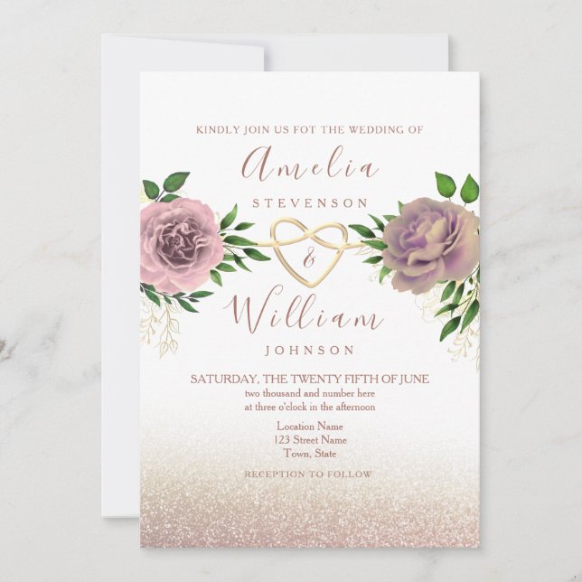 Dusty Rose Floral & Gold Wedding Invitation (Front)
