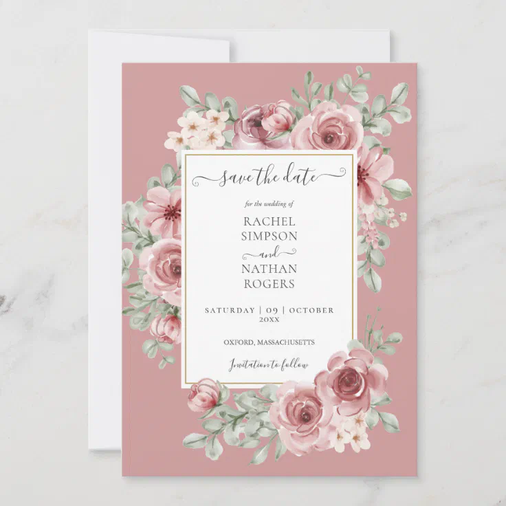 Dusty Rose Floral Gold Wedding Photo Save The Date | Zazzle