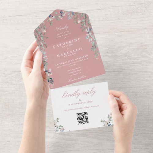 Dusty Rose Floral Greenery QR Code Wedding All In One Invitation