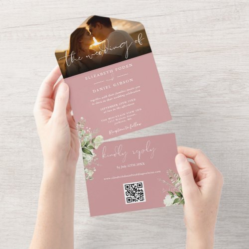 Dusty Rose Floral Greenery QR Code Wedding Photo All In One Invitation
