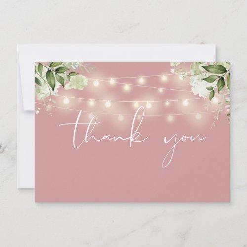 Dusty Rose Floral Greenery String Lights Thank You Card