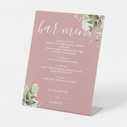 Dusty Rose Floral Greenery Wedding Bar Menu Pedestal Sign