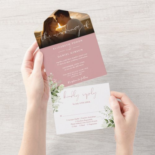 Dusty Rose Floral Greenery Wedding Photo All In One Invitation