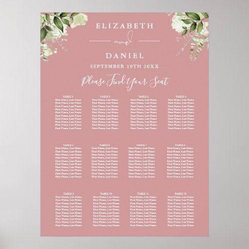 Dusty Rose Floral Greenery Wedding Seating Chart