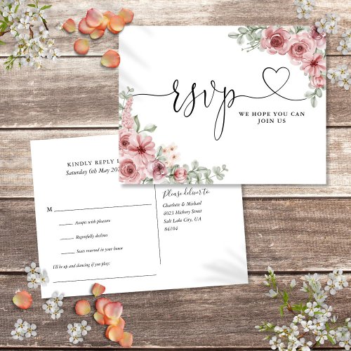 Dusty Rose Floral Heart Script Song Request Card