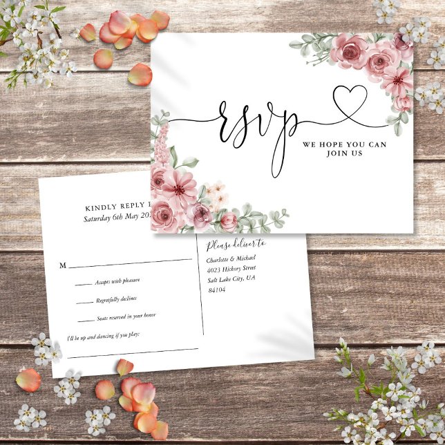 Dusty Rose Floral Heart Script Song Request Card (Dusty Rose Floral Heart Script Song Request Card)