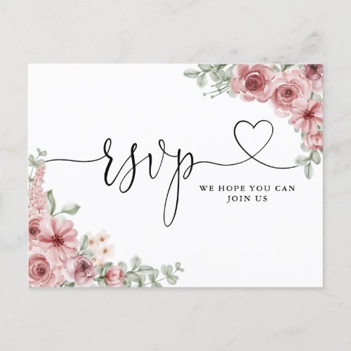 Dusty Rose Floral Heart Script Song Request Card - An elegant heart script dusty rose floral RSVP card. The reverse features your details and a fun guest song request. Designed by Thisisnotme©