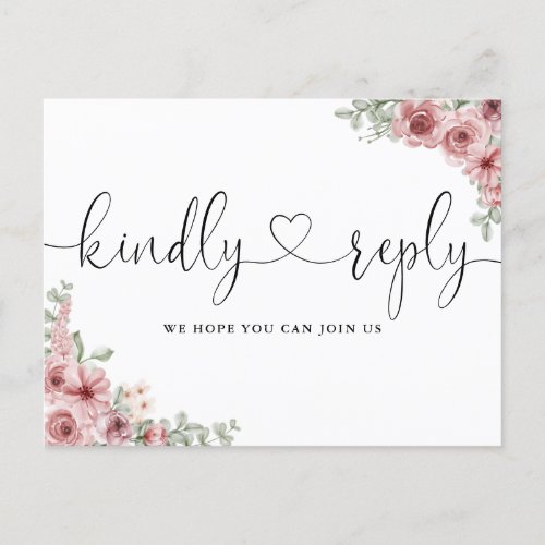 Dusty Rose Floral Heart Script Song Request RSVP Invitation Postcard - An elegant dusty rose floral black and white heart script kindly reply RSVP card. The reverse features your details and a fun guest song request. Designed by Thisisnotme©