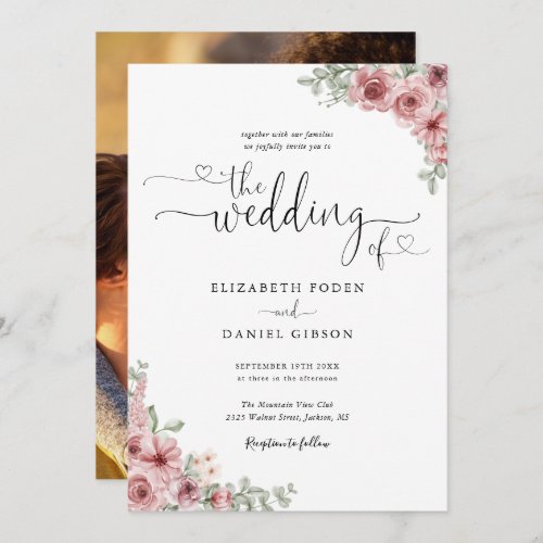 Dusty Rose Floral Hearts Script Photo Wedding Invitation - This elegant dusty rose floral wedding invitation can be personalized with your celebration details set in chic black and white typography and your special photo on the reverse. Designed by Thisisnotme©