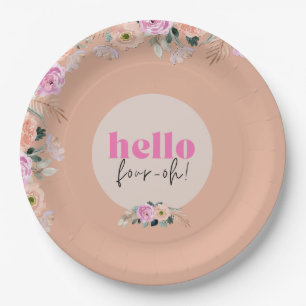Dusty Rose floral "hello four-oh" retro Paper Plates