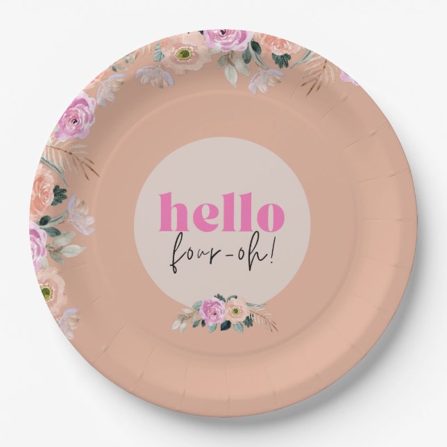 Dusty Rose floral "hello four-oh" retro Paper Plates (Front)