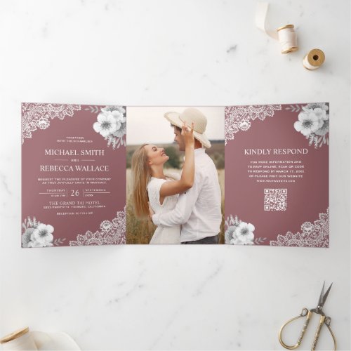 Dusty Rose Floral Lace Photo QR Code Wedding Tri-Fold Invitation