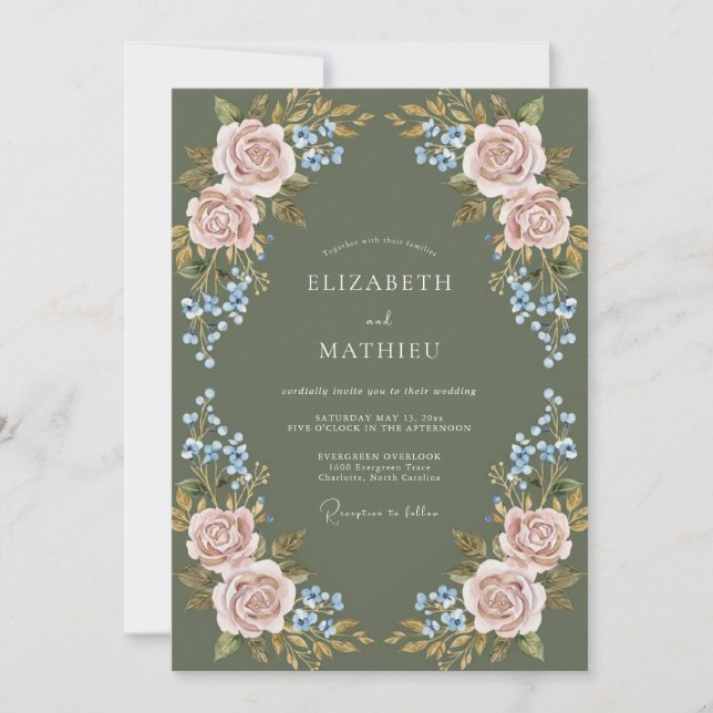 Dusty Rose Floral Laurel Wedding Invitation (Front)
