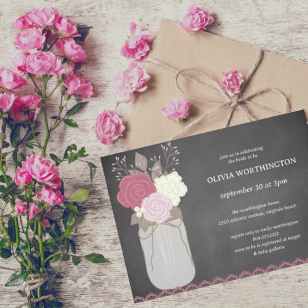 Dusty Rose Floral Mason Jar Bridal Shower  Invitation