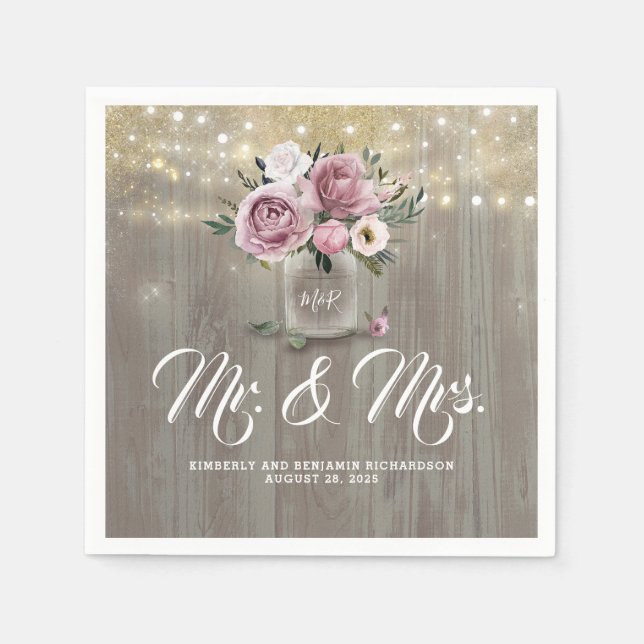 Dusty Rose Floral Mason Jar Rustic Country Wood Napkins (Front)