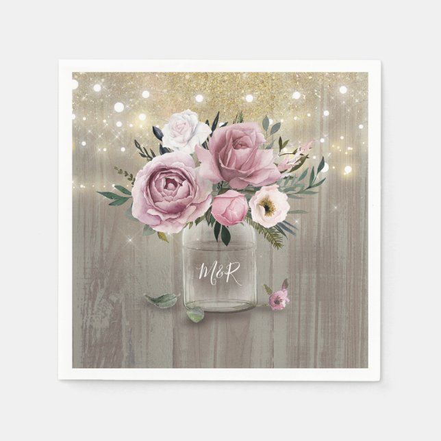 Dusty Rose Floral Mason Jar Rustic Country Wood Napkins (Front)