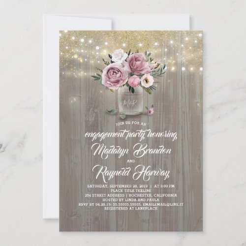 Dusty Rose Floral Mason Jar Rustic Engagement Invitation