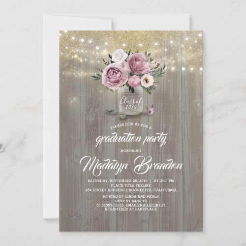 Dusty Rose Floral Mason Jar Rustic Graduation Invitation