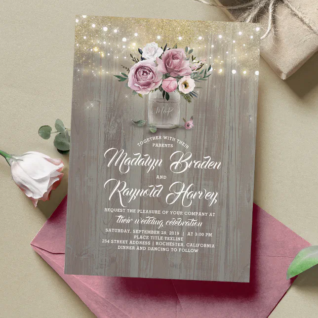 Dusty Rose Floral Mason Jar Rustic Wedding Invitation | Zazzle