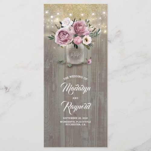 Dusty Rose Floral Mason Jar Rustic Wedding Program