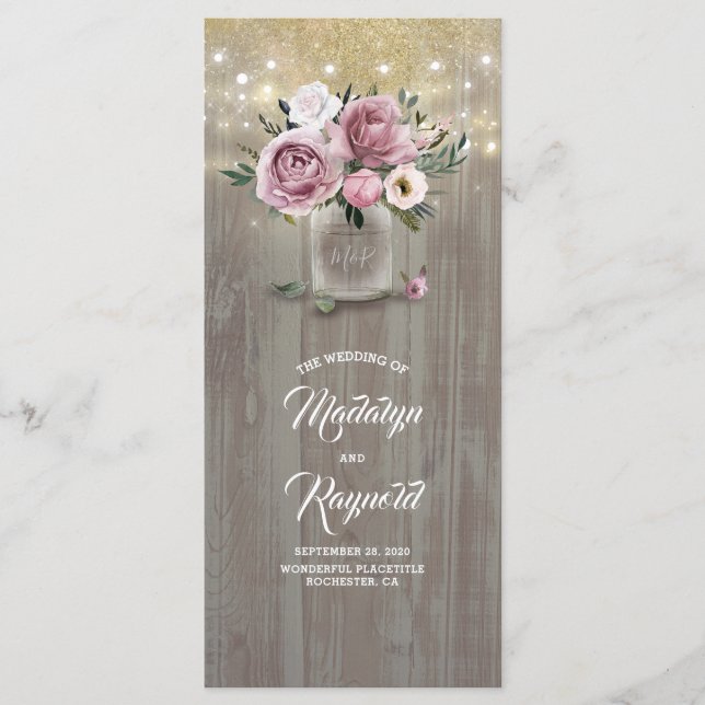 Dusty Rose Floral Mason Jar Rustic Wedding Program (Front)