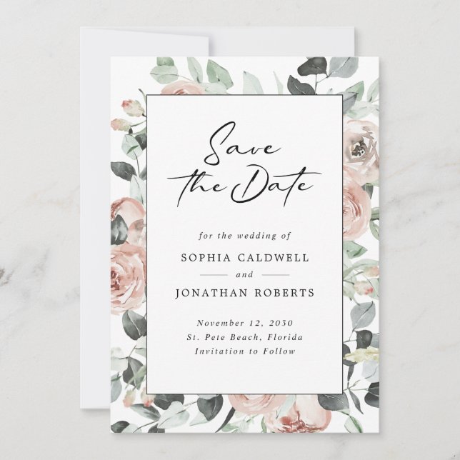 Dusty Rose Floral Modern Calligraphy Wedding Save The Date (Front)