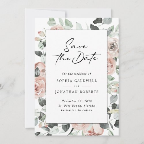 Dusty Rose Floral Modern Calligraphy Wedding Save The Date