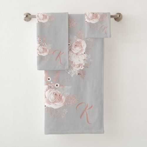 Dusty Rose Floral Monogram Grey Towel Set