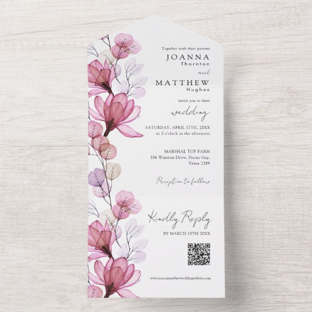 Dusty Rose Floral Monogram QR Code Wedding All In One Invitation (Inside)