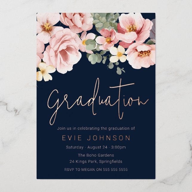 Dusty Rose Floral Navy Graduation Rose Gold Foil Invitation (Front)