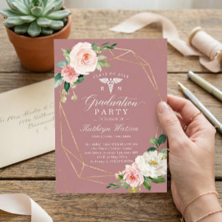 Dusty Rose Floral Nursing School Graduation Party Invitation
