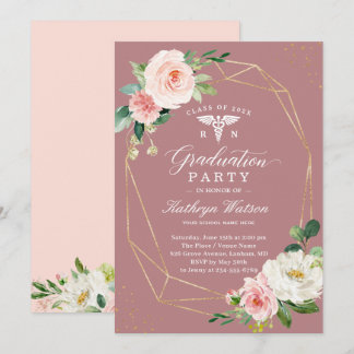 Dusty Rose Floral Nursing School Graduation Party Invitation