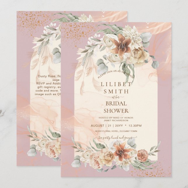 Dusty Rose Floral Pampas Grass Boho BRIDAL SHOWER (Front/Back)