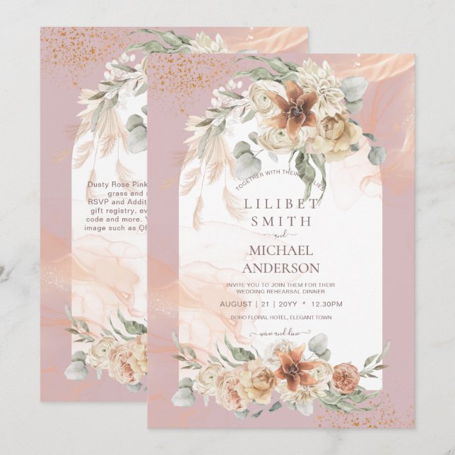 Dusty Rose Floral Pampas Grass REHEARSAL DINNER (Front/Back)