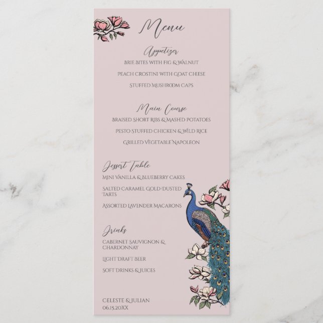 Dusty Rose Floral Peacock Hand-Drawn Wedding Menu (Front)