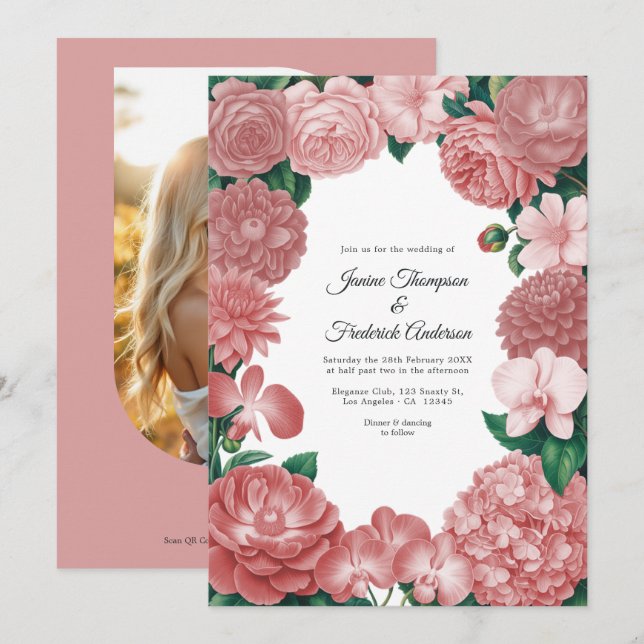 Dusty Rose Floral Photo and QR Code Wedding Invitation (Front/Back)