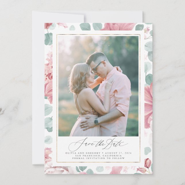 Dusty Rose Floral Photo Save The Date Cards (Front)