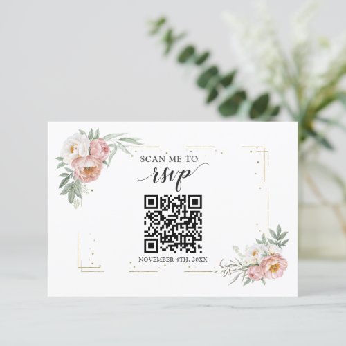 Dusty Rose Floral QR Code Add your URL Wedding   RSVP Card