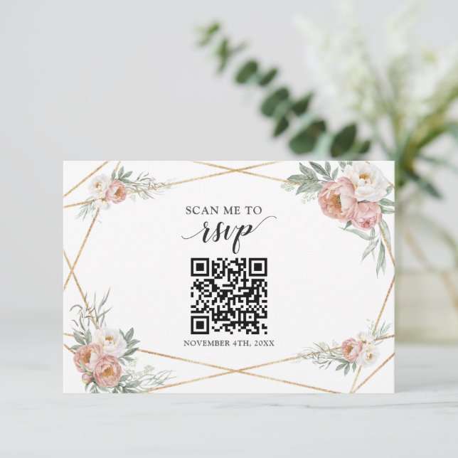 Dusty Rose Floral QR Code Add your URL Wedding   RSVP Card (Standing Front)