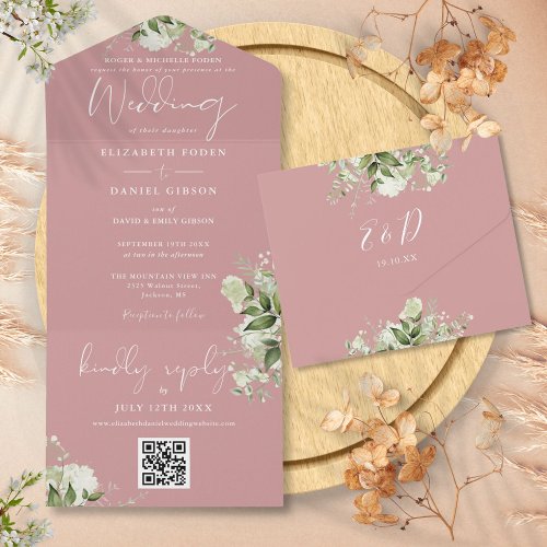 Dusty Rose Floral QR Code Formal Wedding All In One Invitation